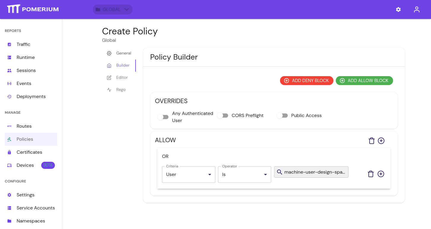 An example policy for a service account