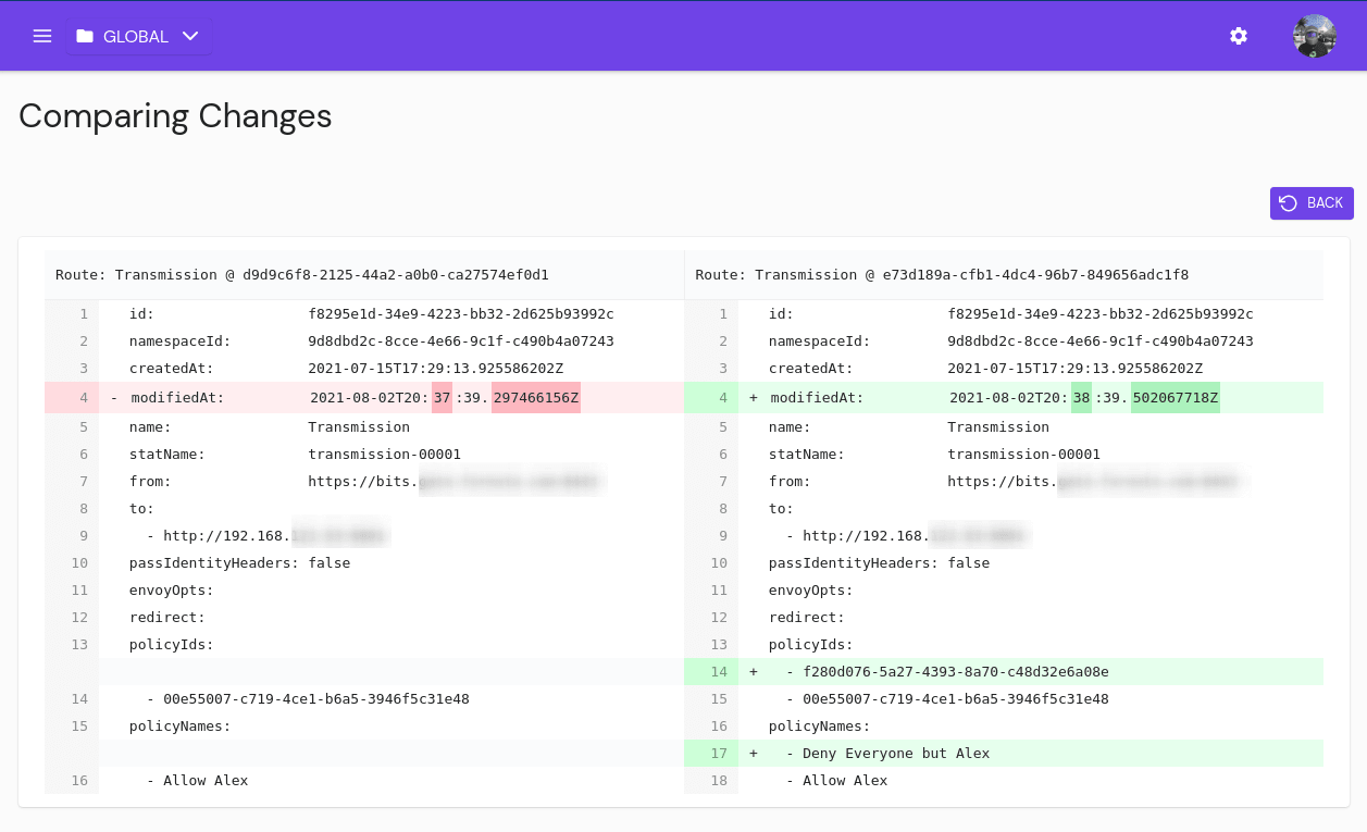 A screenshot showing the diff of a change to a route, adding a policy